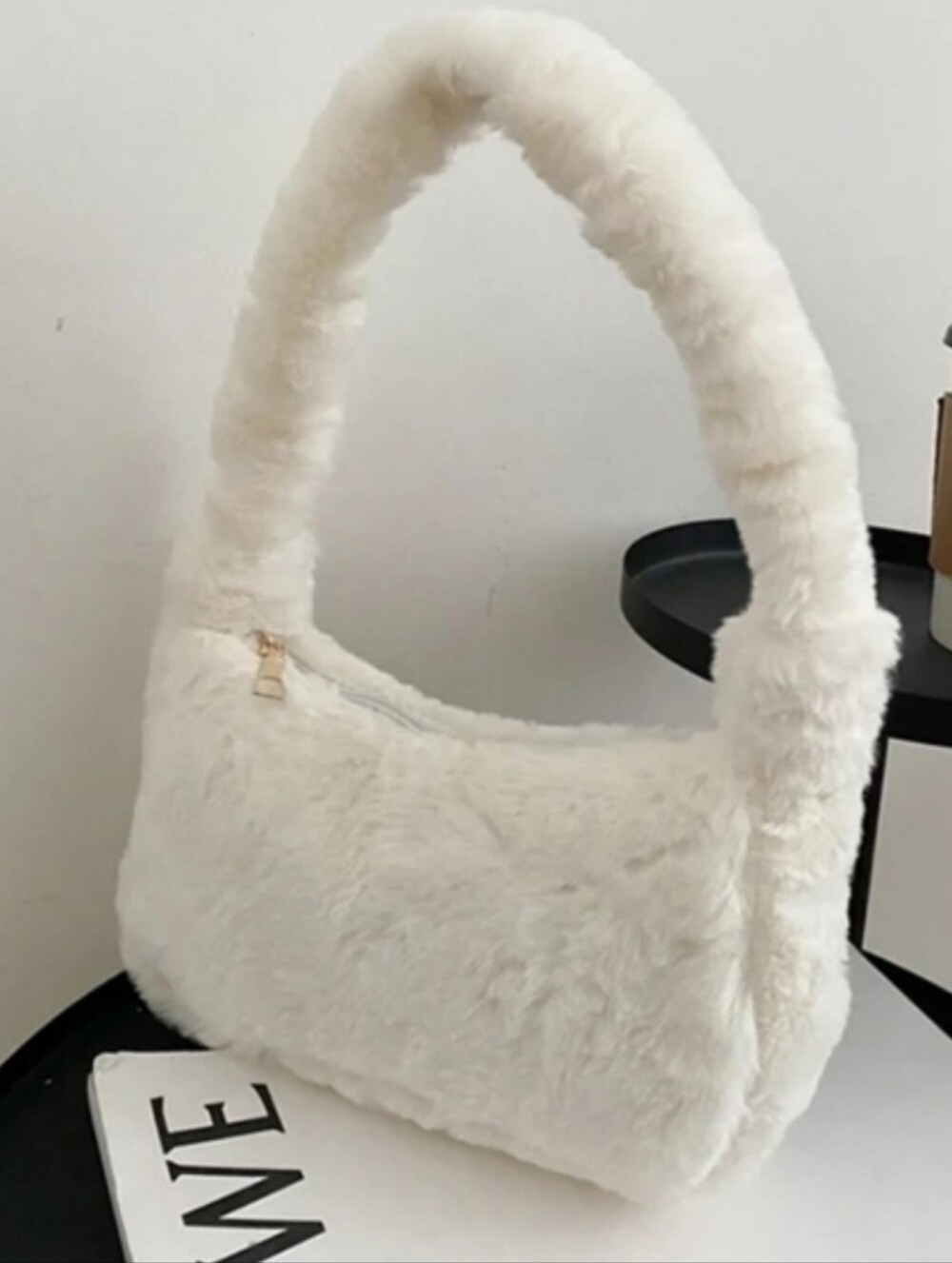 White Faux Fur Plush Mini Shoulder Bag Y2K
